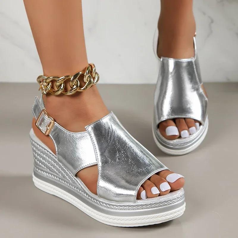 Peep Toe Keil Sandalen Frauen Sommer Zurück Strap Schnalle Plattform Sandalen Frau Mode Dicke Sohle Sandalen Römische Schuhe 2024 42 silber