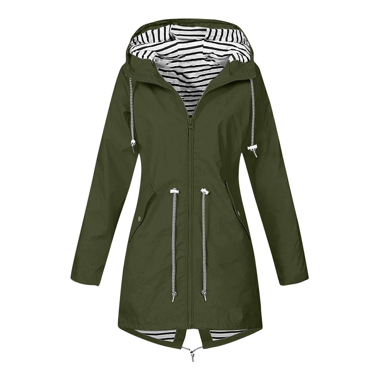 Damen Solid Stripe Regenjacke Outdoor Plus Wasserdichter Regenmantel mit Kapuze und winddicht S armee grüne