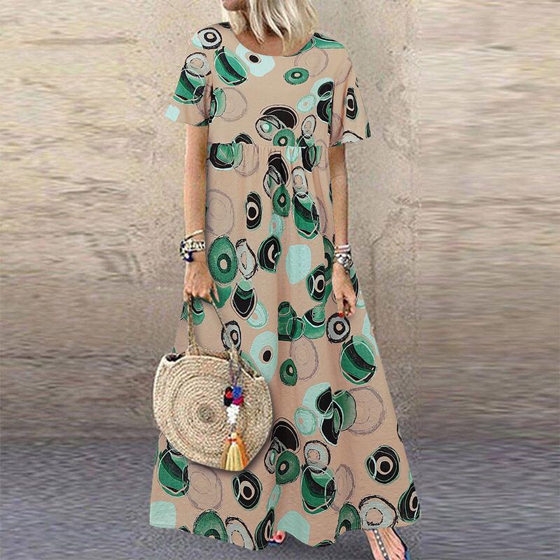 ZANZEA Damen Vintage Print Lässige Sommerkleider mit kurzen Ärmeln und Rundhalsausschnitt S grün