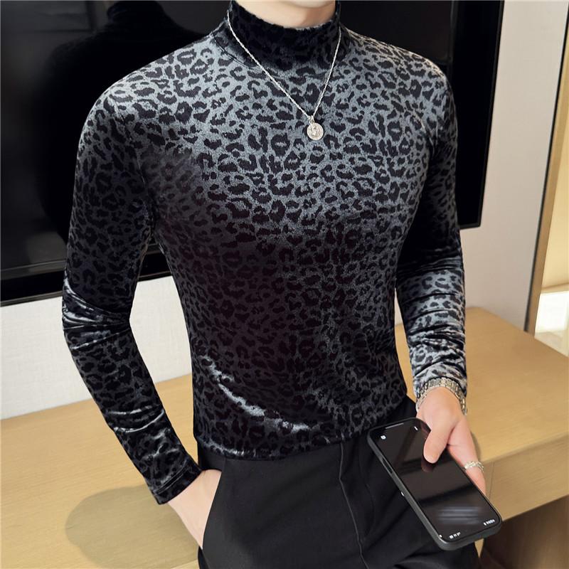 Herren T-Shirts Gold Samt Leopardenmuster Langarm Elastische T-Shirts Für Männer Halbhoher Kragen Slim Fit Casual Basic Tops T-Shirts L schwarz