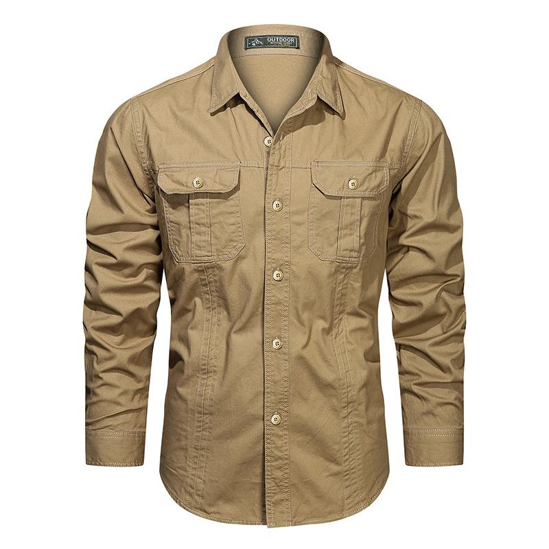 Langarmhemd Herren Frühling und Herbst Locker Baumwolle Arbeitskleidung Top Herbst Lässig Revershemd L khaki