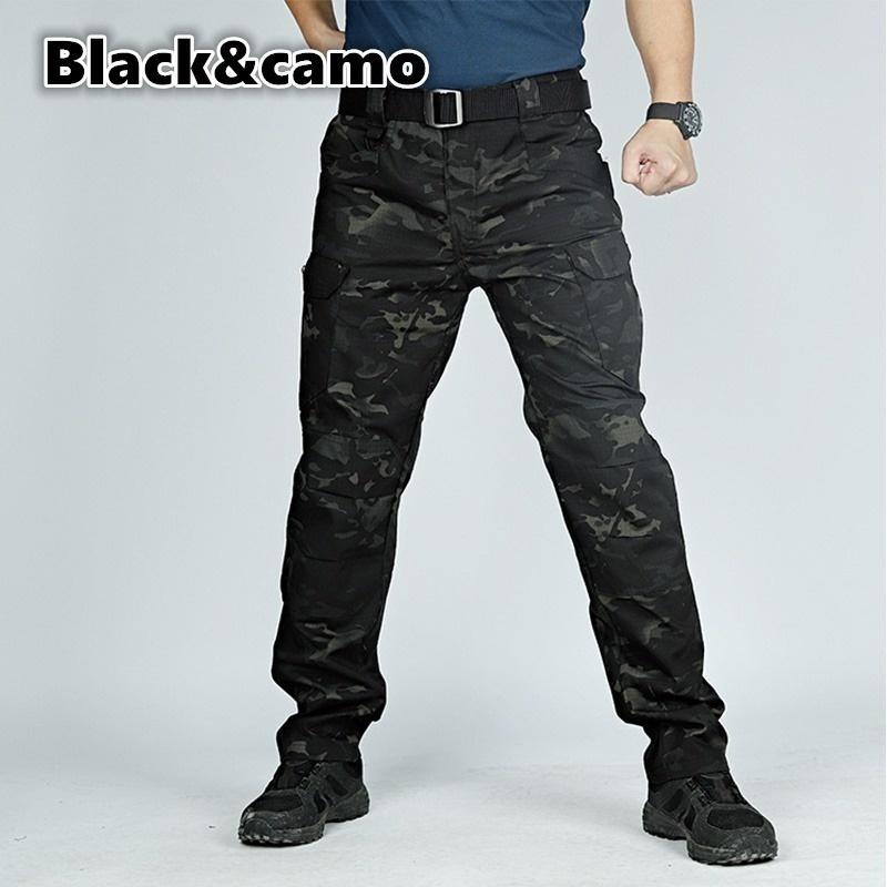 Schnell trocknende, wasserdichte, taktische Hose für Herren, atmungsaktive Arbeitshose mit mehreren Taschen, Cargohose, Militärhose M schwarz/camouflage