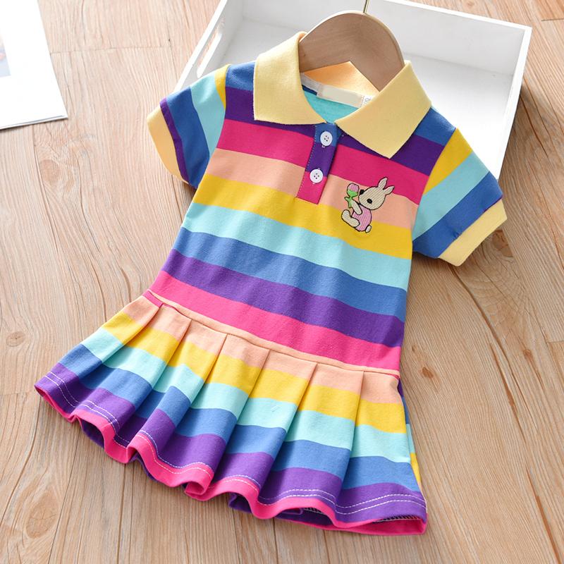 Kinder Mädchen Kleid Niedliches Häschen Dekoration Kleid Baby Mädchen Regenbogen Gestreift Kurzarm Prinzessin Kleid 100