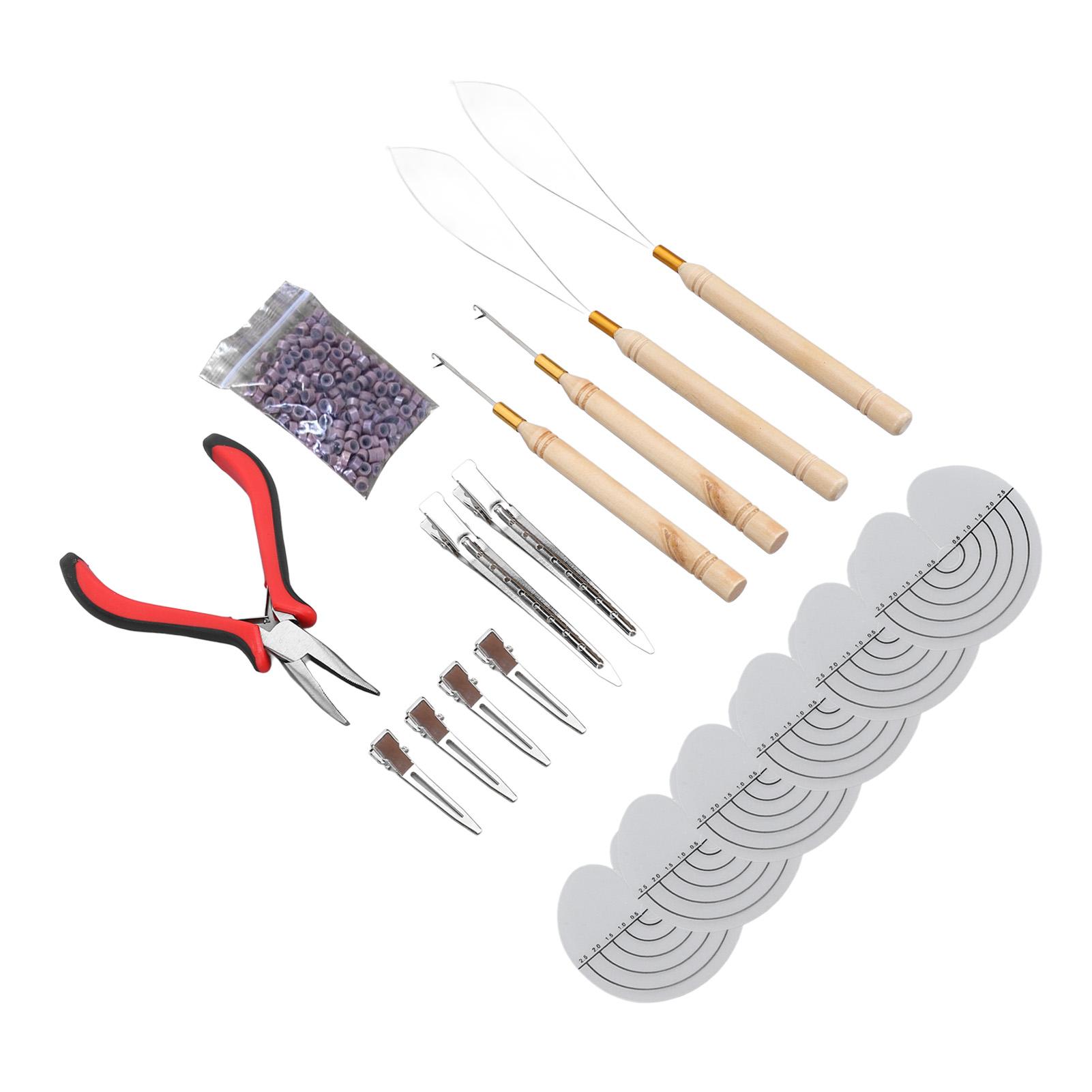 Haarverlängerungs-Werkzeugset Silikon-Mikroringe Perle Holzgriff Zughaken Nadel Transparent