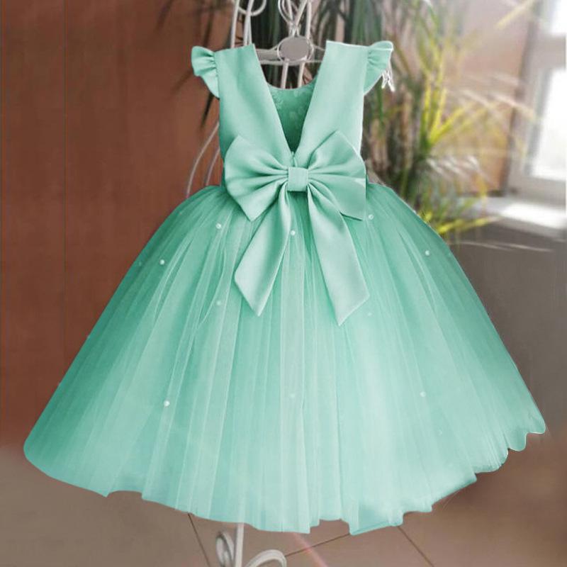 Blau Rosa Rot Grün Mädchen Blumen Geburtstag Tüll Kleid Rückenfrei Schleife Hochzeitskleid Kinder Party Tragen Prinzessin Blau Kleid Baby Mädchen Bowknot Kleider 80cm grün