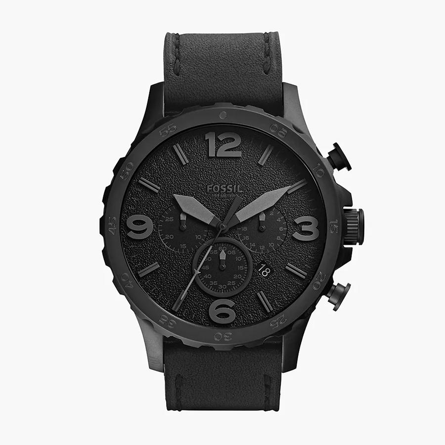 Fossil Herrenuhr Nate Edelstahl Quarz Schwarzes Leder Chronograph JR1354 schwarz