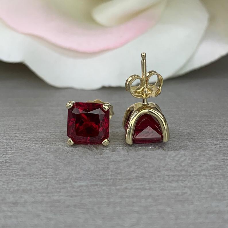 1 Paar Silber Gold Farbe 4/5/6/7MM Roter Stein Ohrringe Prinzessin Quadratische Ohrstecker für Frauen Hochzeit Ohrstecker Party Schmuck 7mm gold
