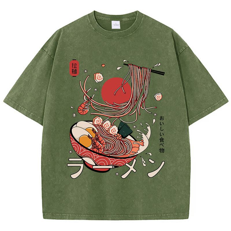 Ramen Nudeln Baumwolle Gewaschenes T-Shirt Damen Harajuku Druck Oberteile Bequem O-Ausschnitt Übergroße T-Shirts All-Match Damen Kleidung 3XL