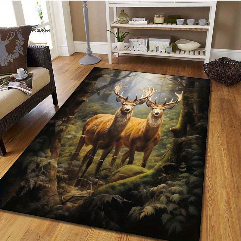 Waldhirsch Teppich: Rustikaler Wildtier-Teppich für Hütten-Innenräume Natur-inspirierte Wohnzimmer-Dekoration Rutschfester Teppich maschinenwaschbar 50x80cm brown