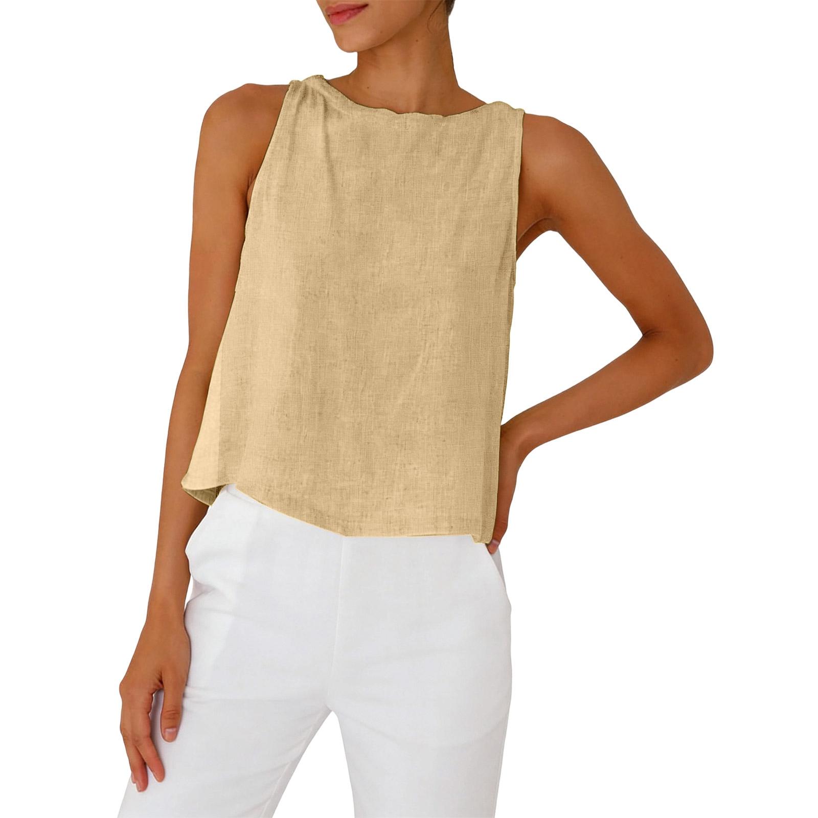 Damenmode Leinen Rundhals Ärmelloses Hemd Leinenkleidung Ärmellose Weste L khaki