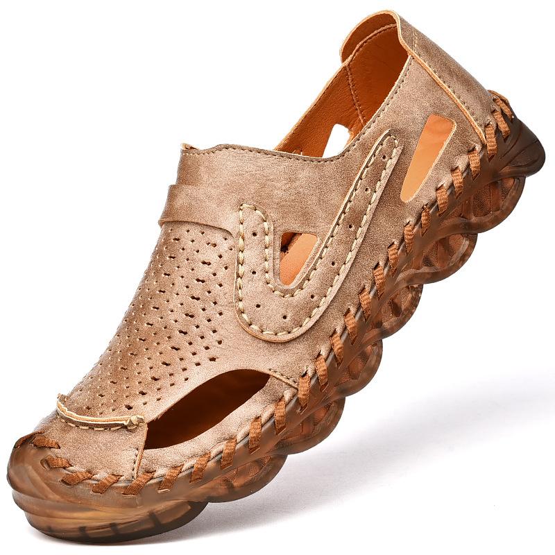 Herren Strandschuhe Trendige Sommer Neu Outdoor Herren Outdoor Ausgehöhlte Zehenbox Lässige Sehnensohle Ledersandalen 46 braun