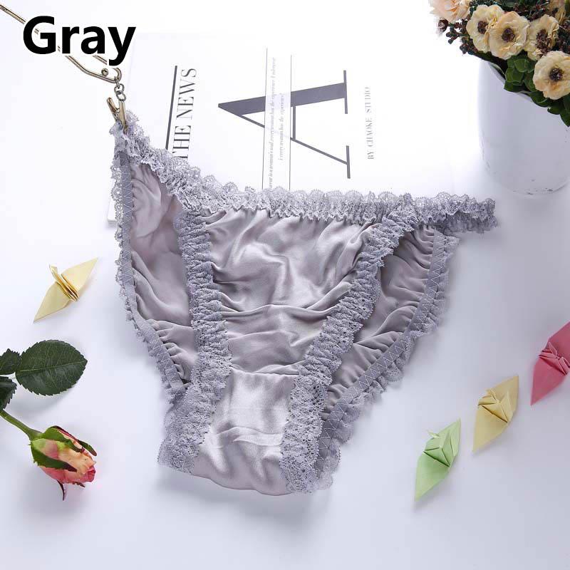 Damenunterwäsche aus weicher Seide, Satin, Seidenhöschen, Dessous, Spitzenhöschen, G-String, Sommer-Slip L graue