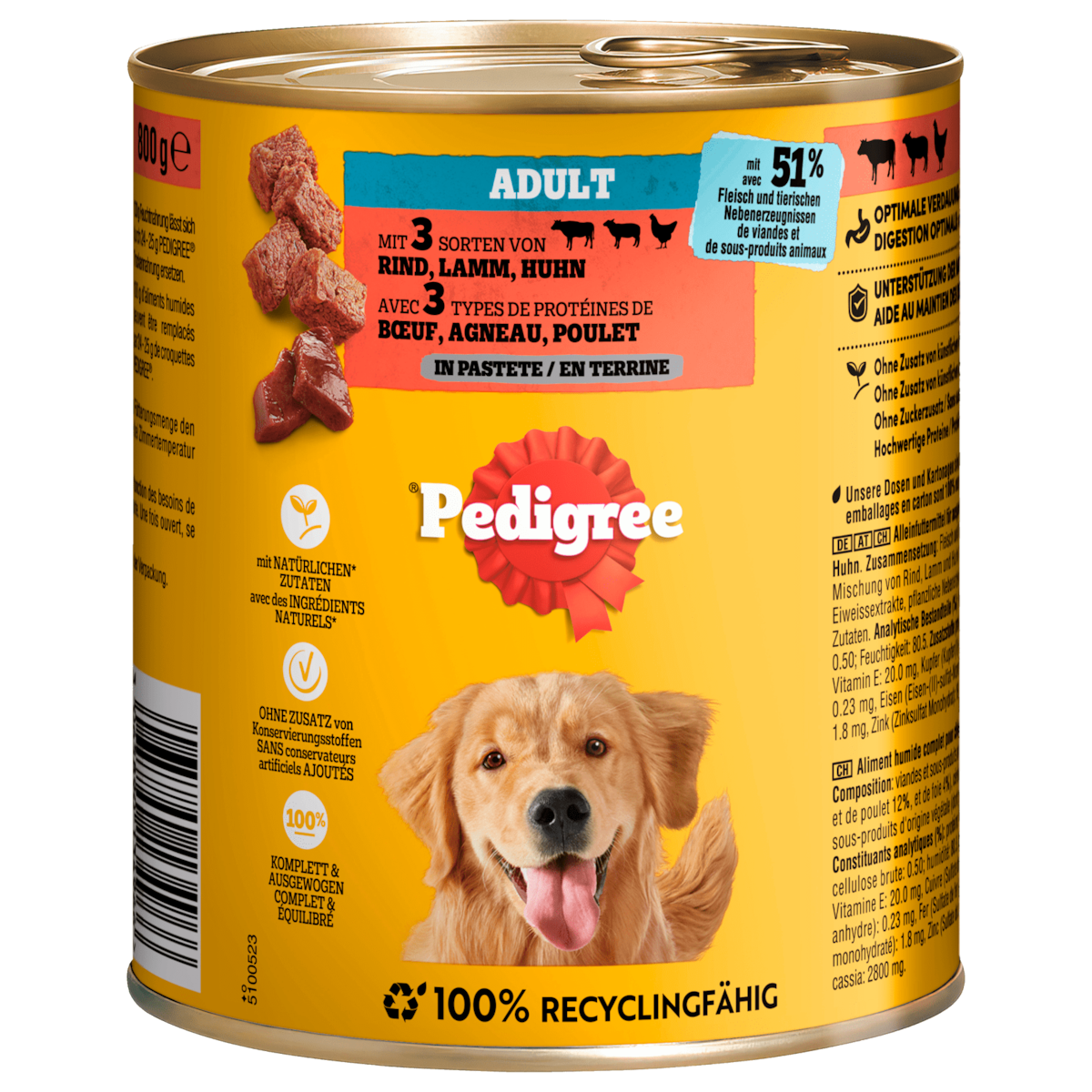 Pedigree Dose 3 Sorten Fleisch Classic Rind, Lamm und Huhn 800g