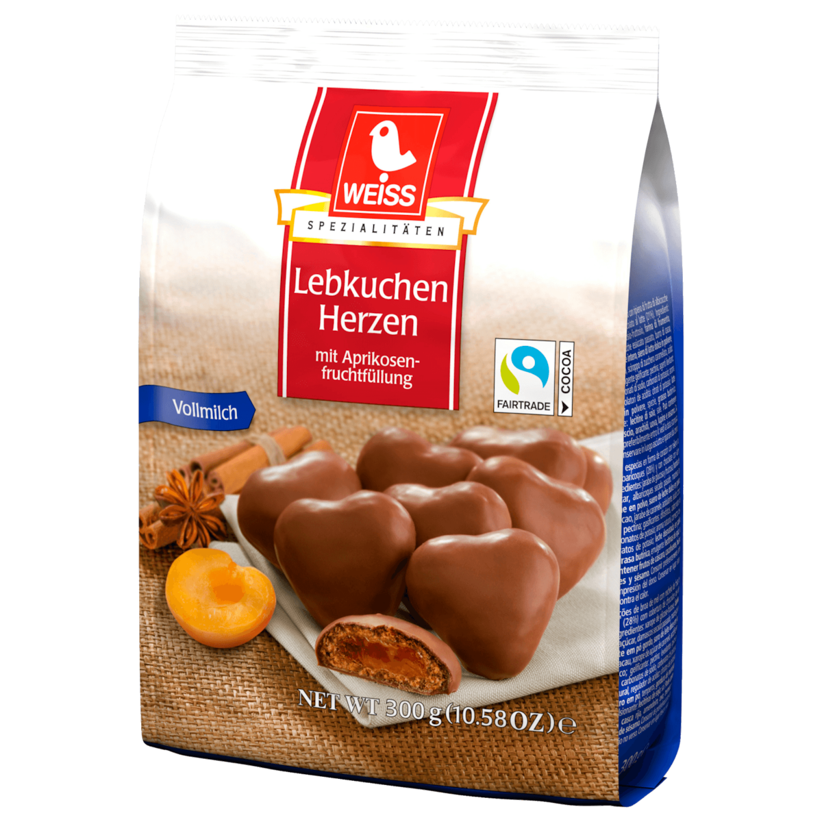 Weiss Lebkuchen Herzen mit Aprikosenfruchtfüllung Vollmilch 300g