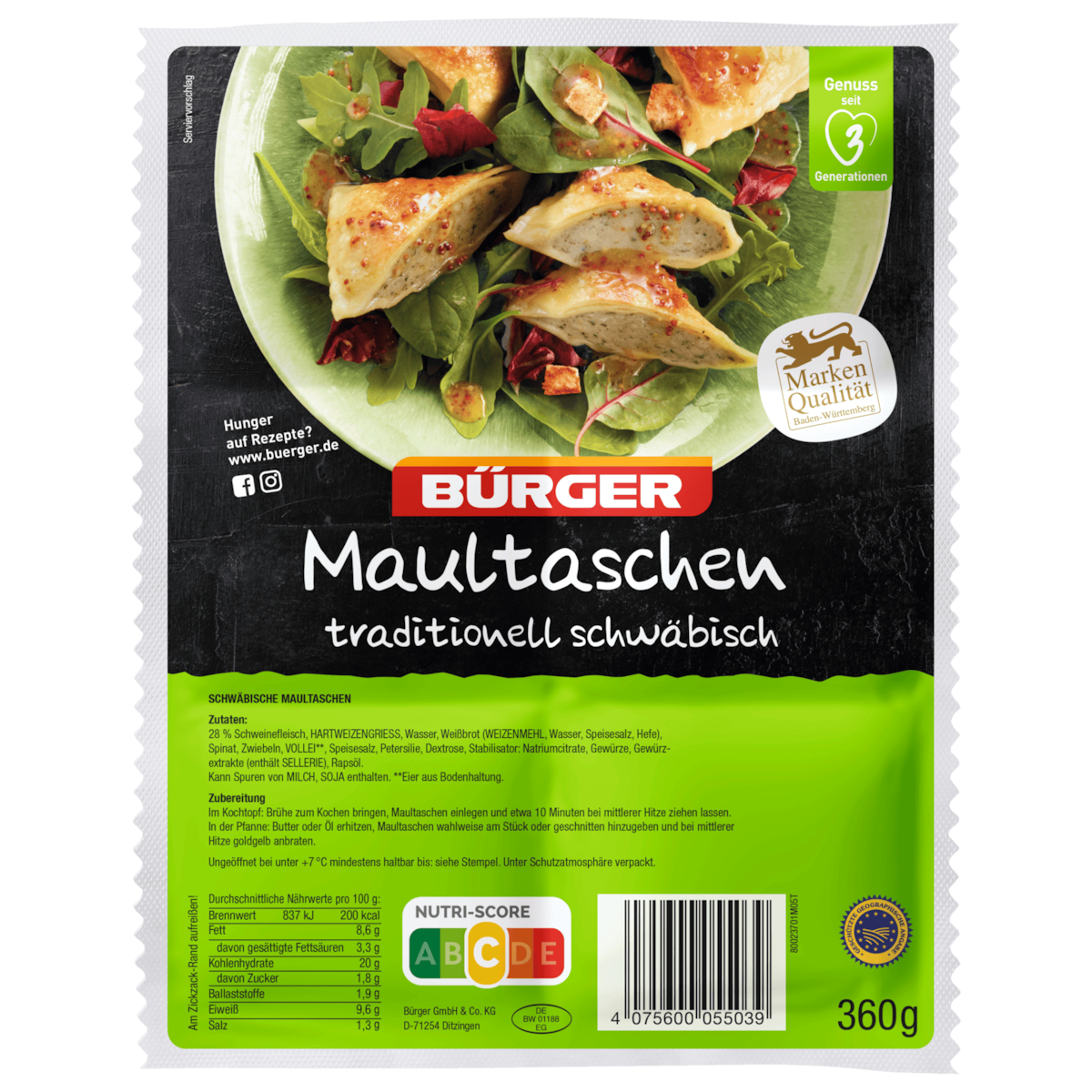 Bürger Schwäbische Maultaschen traditionell 360g