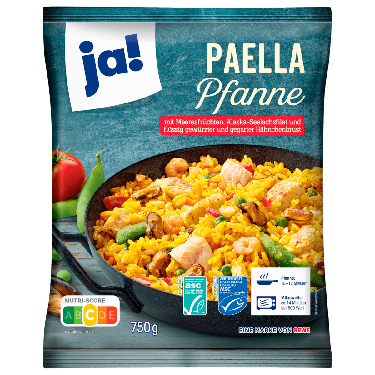 ja! Paella Pfanne mit Meeresfrüchten, Seelachsfilet und Hähnchenbrust 750g