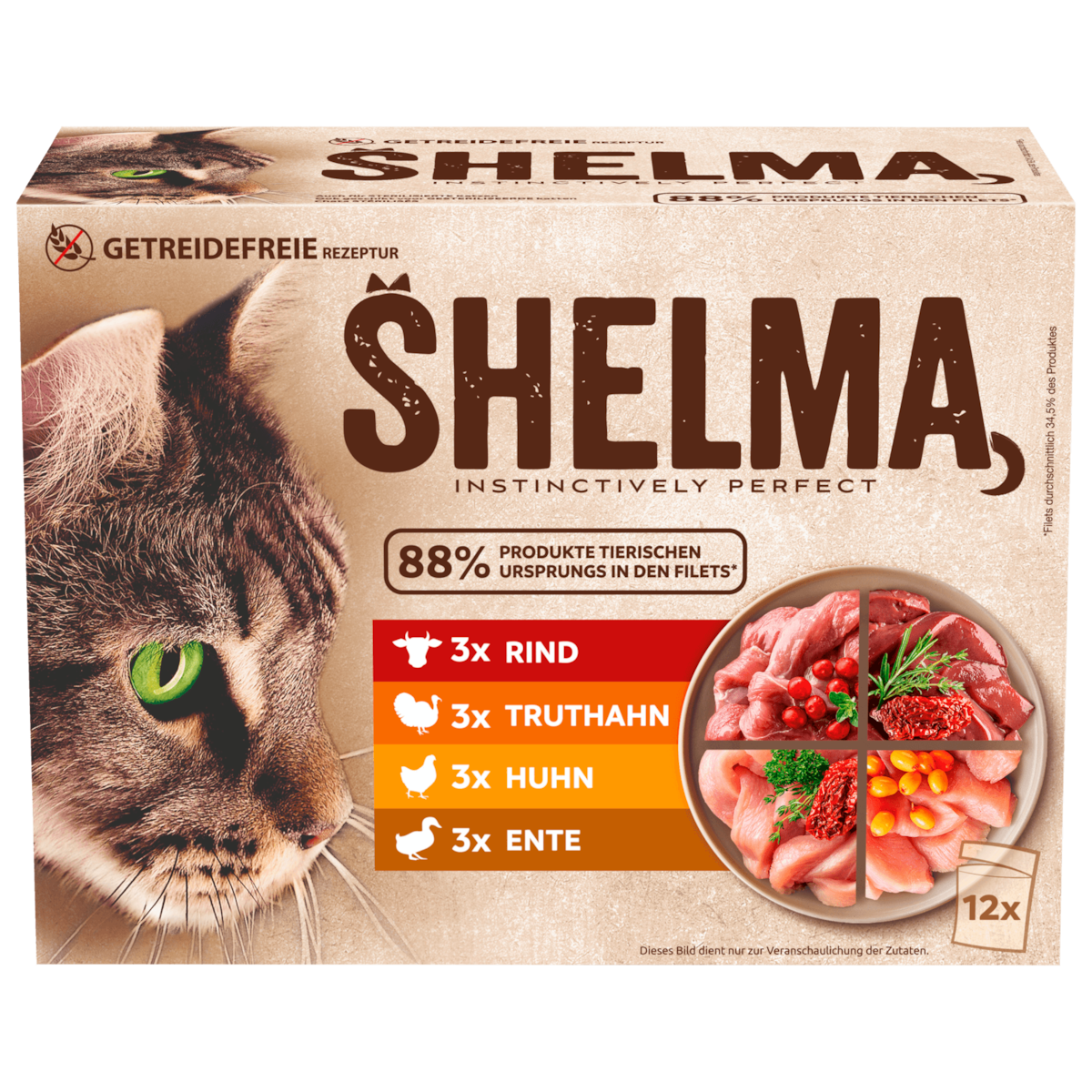 Shelma Katzenfutter Rind/Truthahn/Huhn/Ente 12x85g