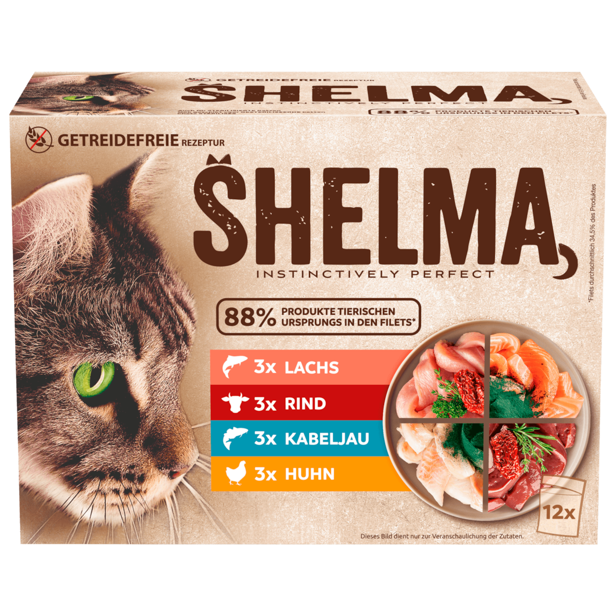 Shelma Katzenfutter Lachs/Rind/Huhn/Kabeljau 12x85g