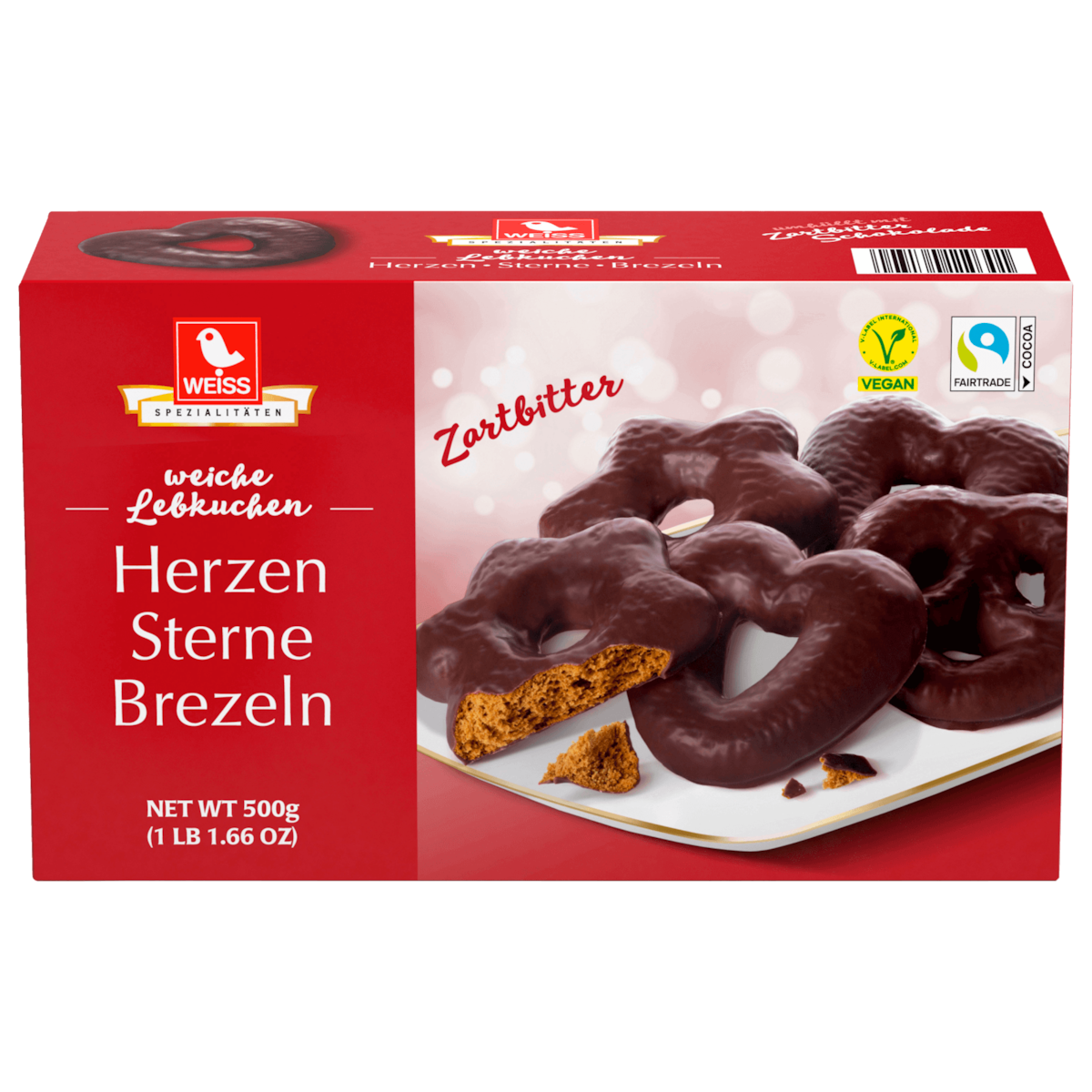 Weiss Lebkuchen Herzen Sterne Brezeln Zartbitter vegan 500g