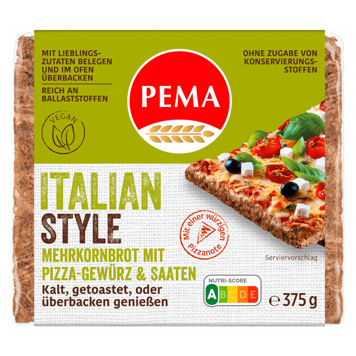 PEMA Mehrkornbrot Italien Style Pizza-Gewürz & Saaten Vegan 375g