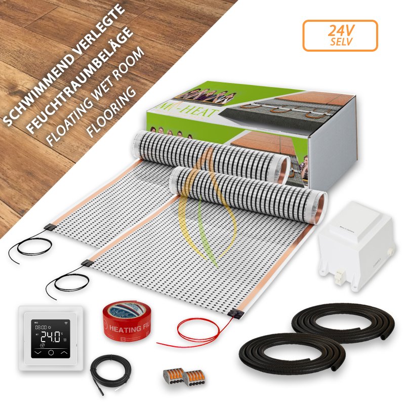 Komplett-Set 24V Heizfolie für schwimmend verlegte Böden in Feuchträumen 2 Stk. Heizfolien 50x250cm - 2,5m²
