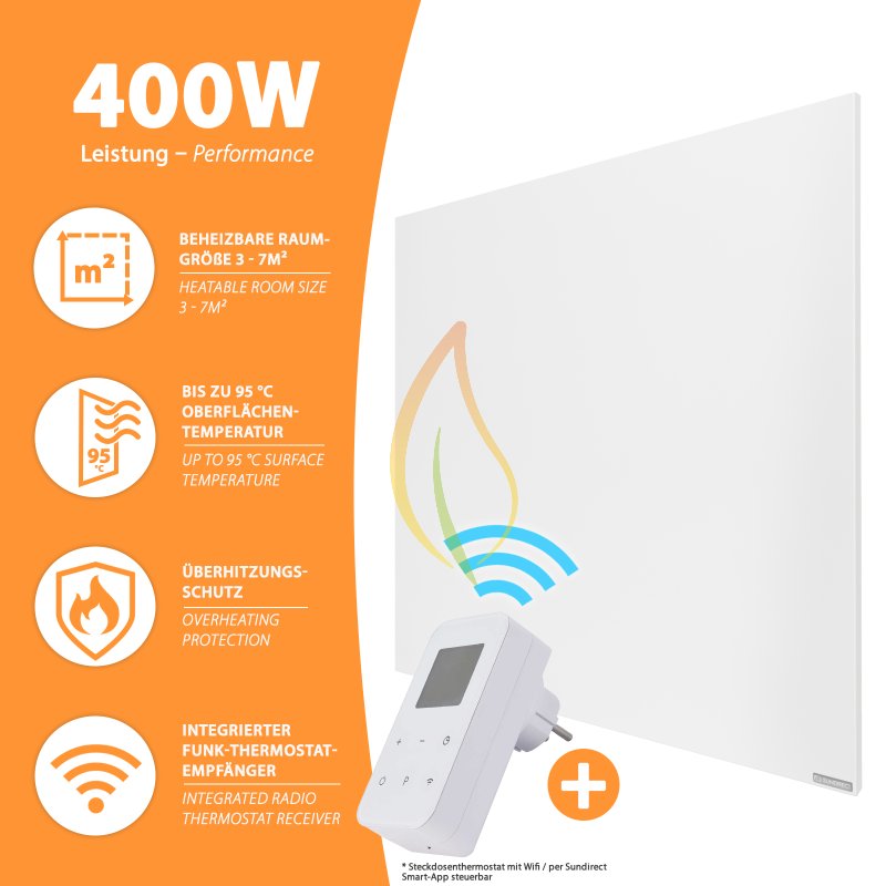 IC400-Plus weiß Infrarotheizung 400Watt + Steckdosenthermostat Smart Plug WiFi