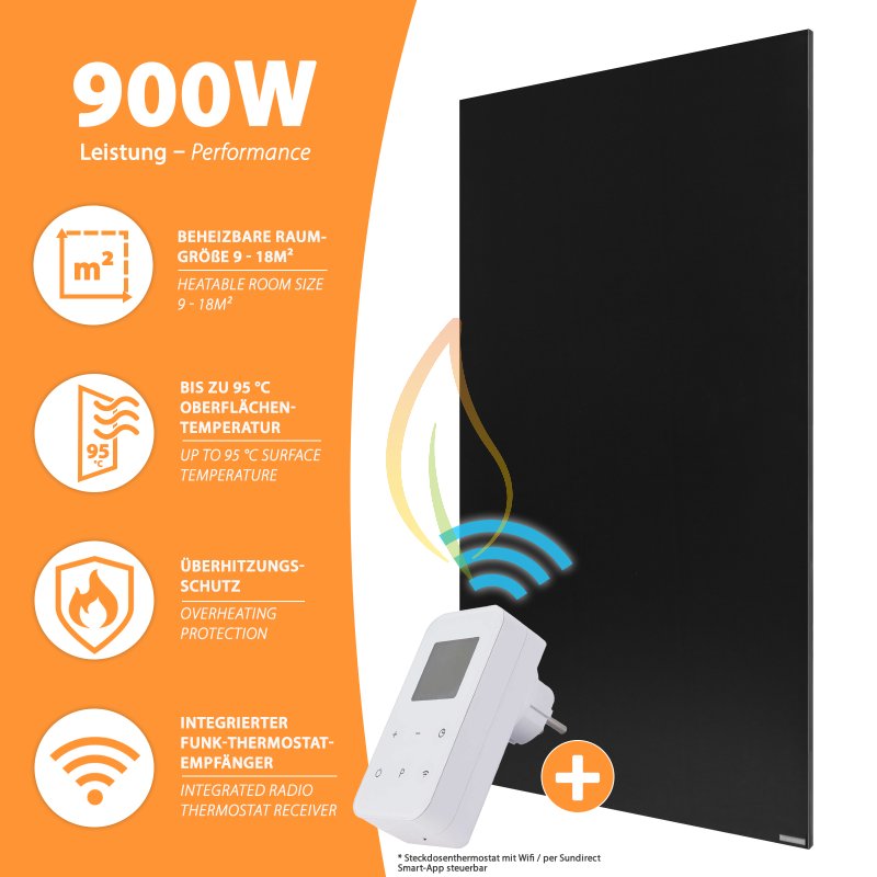 IC900-Plus Infrarotheizung schwarz 70x125cm 900Watt + WiFi Steckdosenthermostat