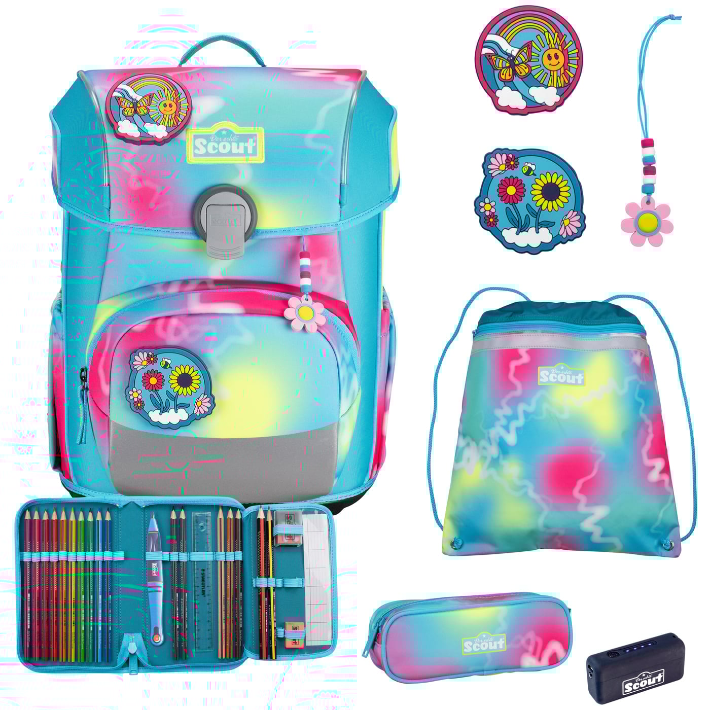 Scout Schulranzen Set 4tlg. Neo Safety Light Happy Rainbow (2025)