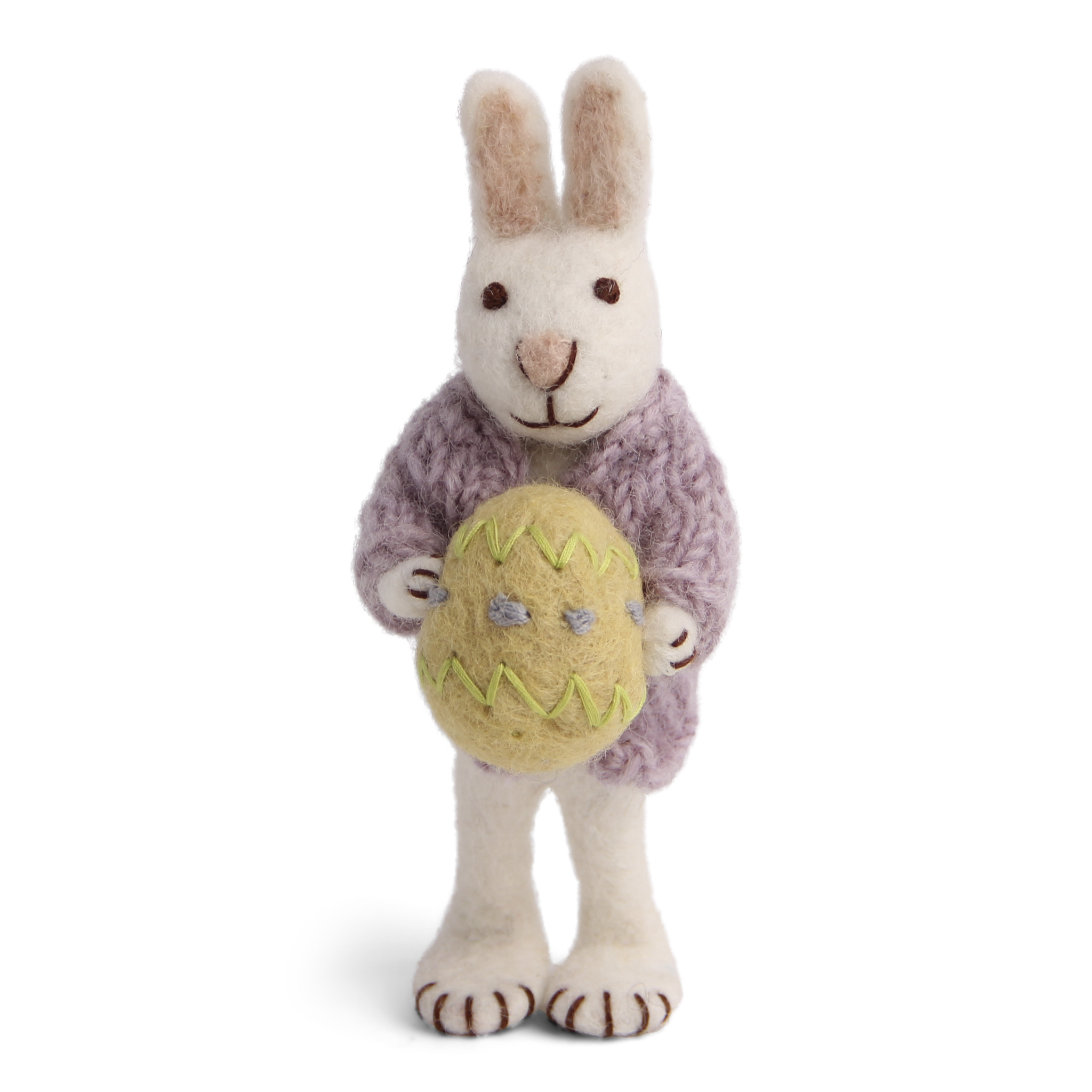 weißer Hase mit weißer Jacke und gelben Ei einzigartiges Filzprodukt 14 cm 