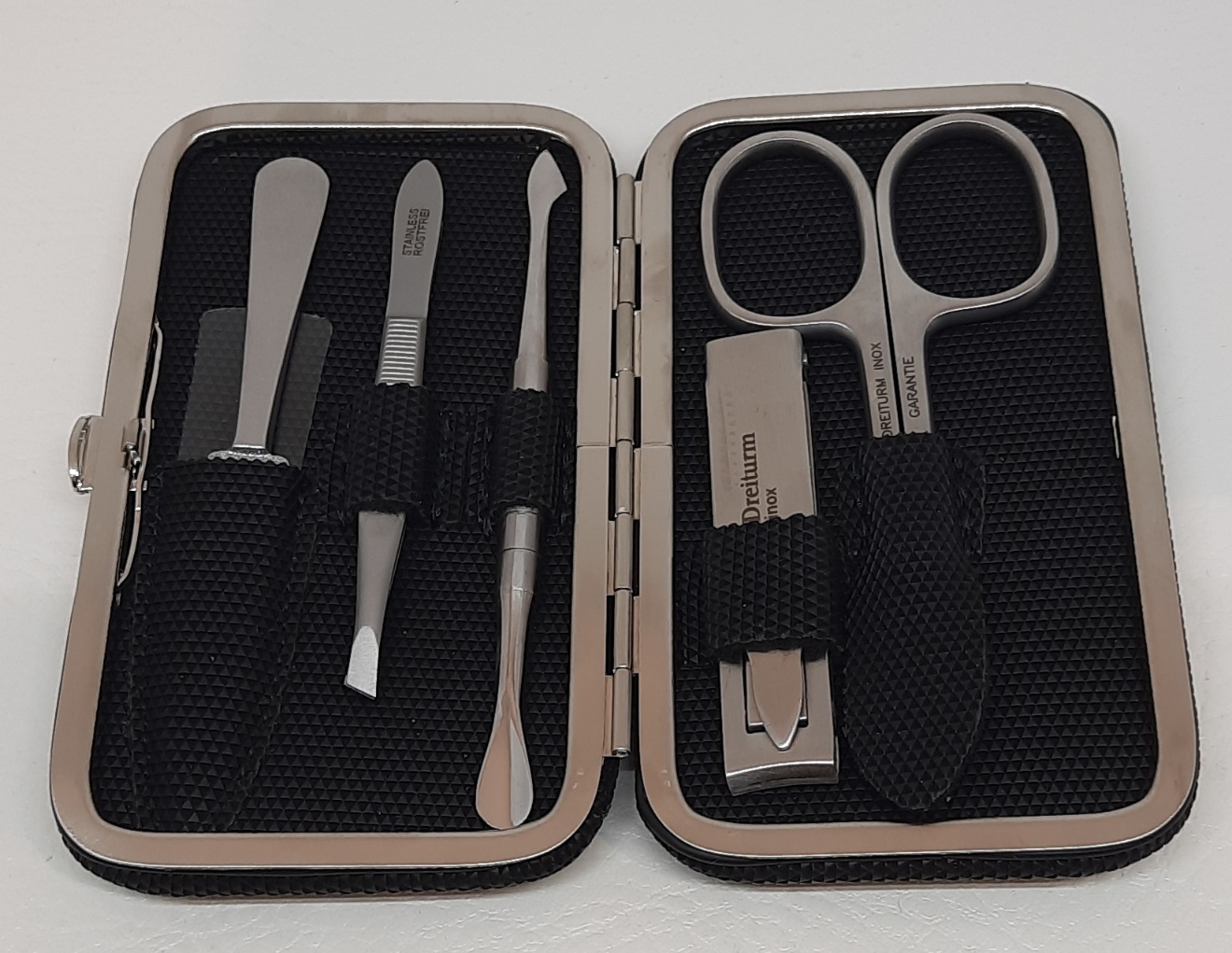 Rahmenetui 5 teilig bestückt, Textil schwarz Kombischere (Nagel+Haut), Pinzette schräg ,