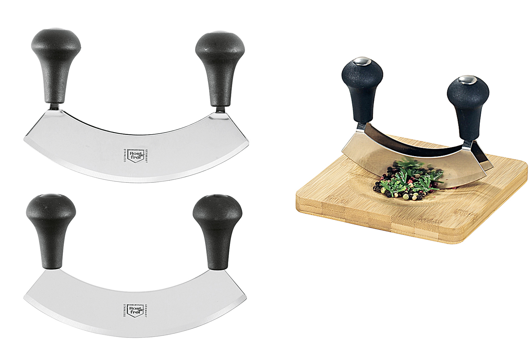 Kräuterschneidebrett mit Wiegemesser Bambus, Messer aus Edelstahl, rutschfeste Füßchen  