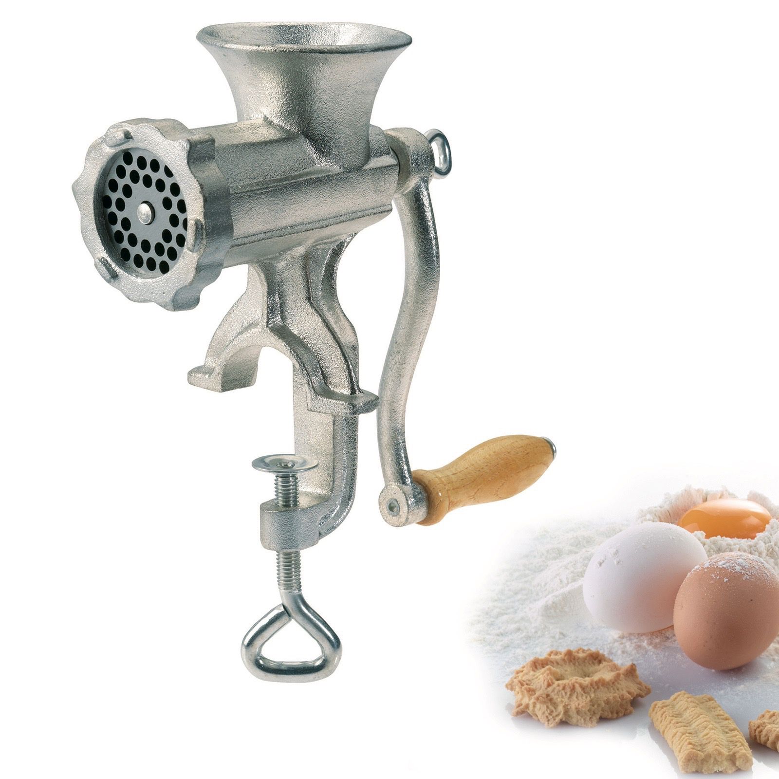 Fleischwolf, Gr. 5, aus verzinntem Stahlguss mit 4-flügeligem Messer und Scheibe  