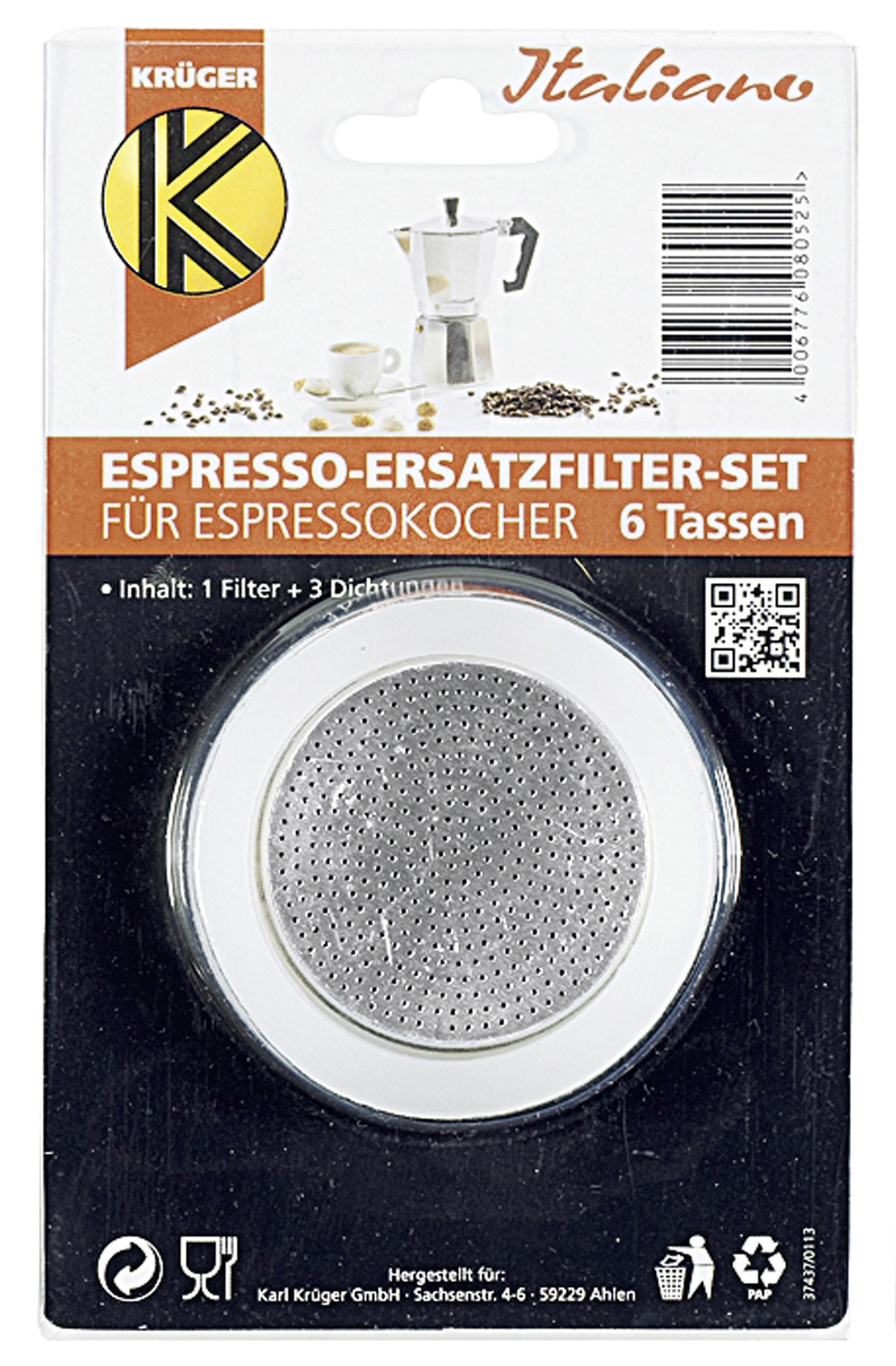 Ersatzteilset Espressokocher 6 Tassen Inhalt: 1 Filter und 3 Dichtungsringe aus Silikon 