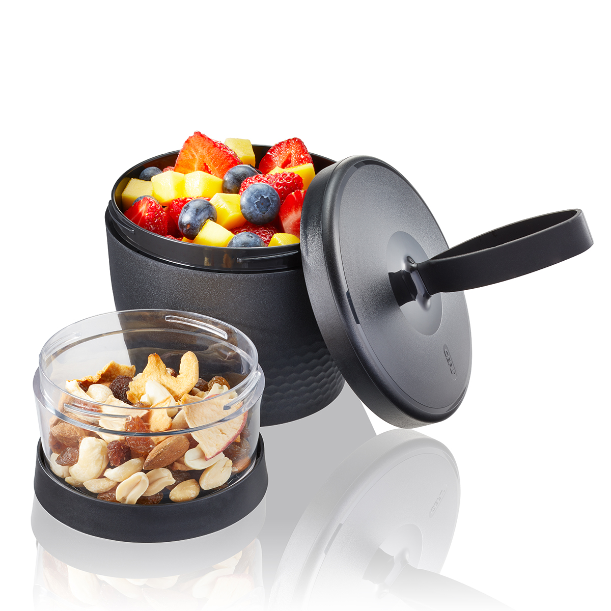 Snack Box FOODIE, 570 ml und 185 ml schwarz gr Behälter inkl. Tropfgitter für gewaschenes Obst