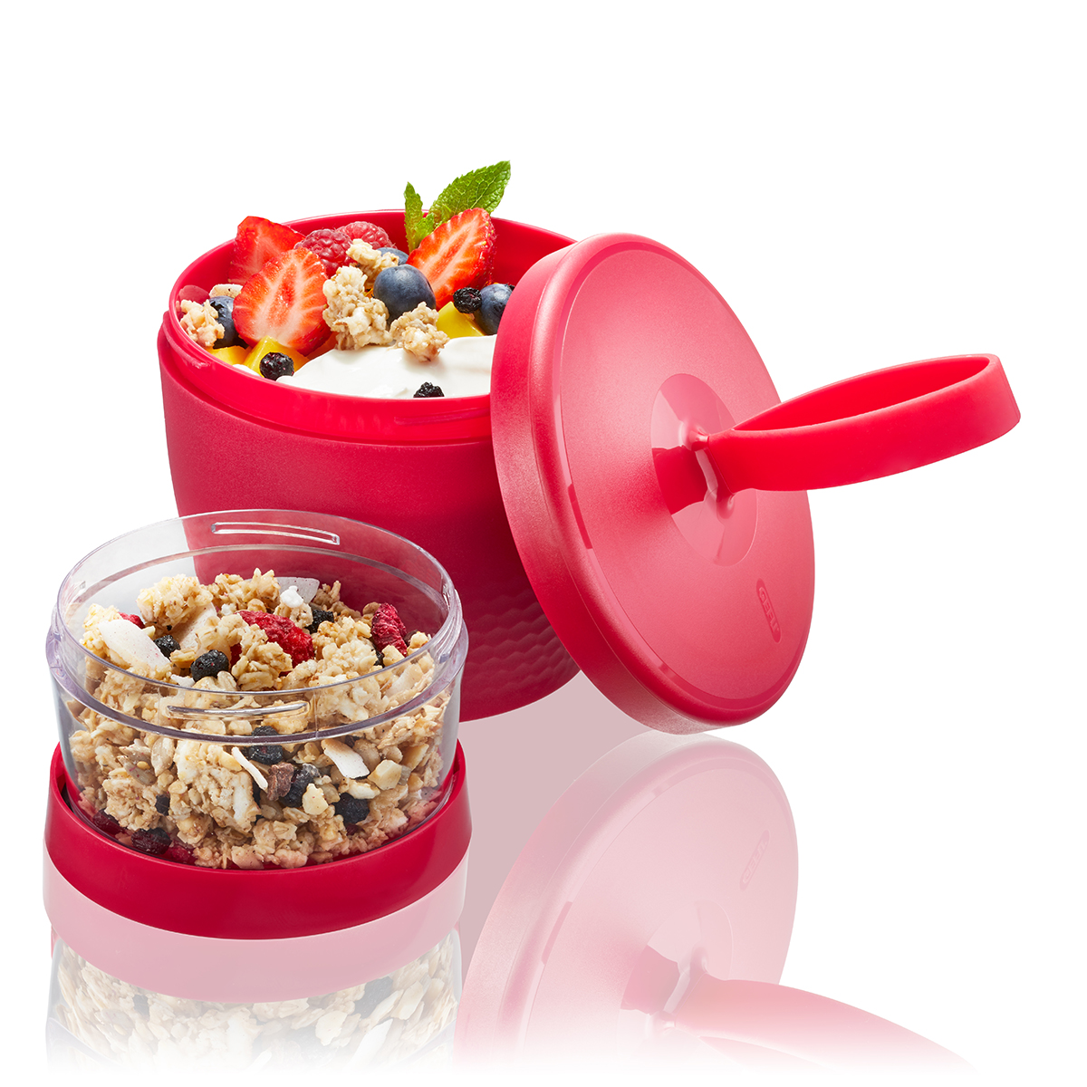 Snack Box FOODIE, 570 ml und 185 ml himbeerrot gr.Behälter inkl. Tropfgitter für gewaschenes Obst 