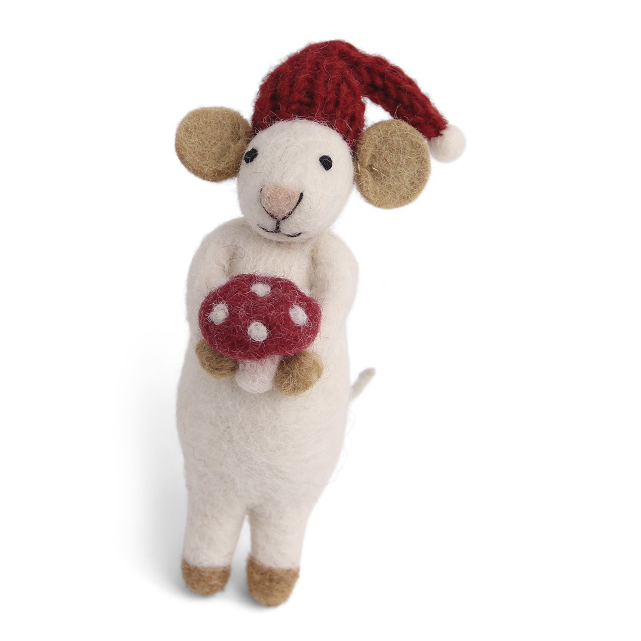 Maus weiß mit Fliegenpilz Filz, 13cm 