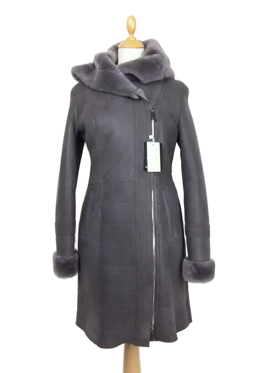Damen Lammfelljacke mit Kragenkapuze,figurbetont, Grau, Gr.36