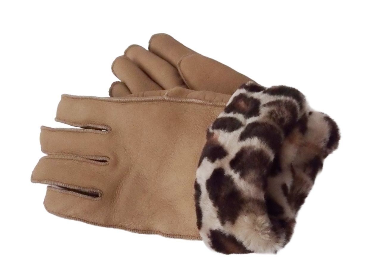 Fellhandschuhe, Damen Fingerhandschuhe, Lammfell Leo-Design M