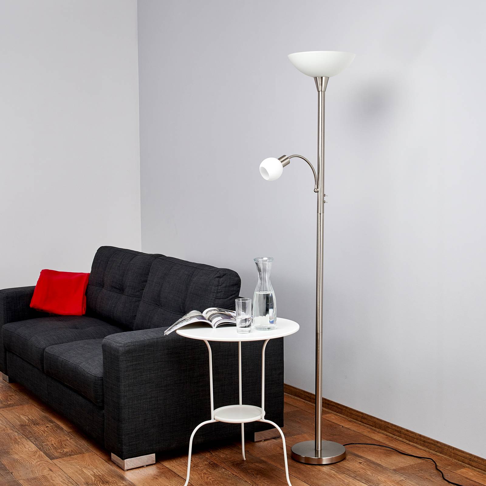 Lindby Stehlampe Elaina, Leselicht, nickelfarben, 180cm, E27
