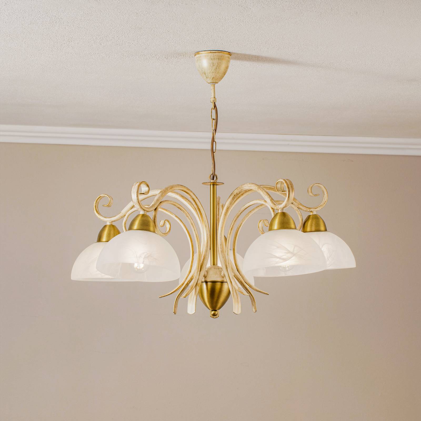 Kronleuchter Flora, fünf Glasschirme, weiß/messing