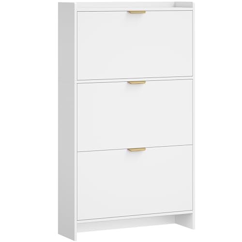 Hzuaneri Schuhschrank mit 3 Klappen, Schuhregal, Schuhkipper Schmal, Verstellbar, Schuhaufbewahrung, 18-24 Paar, Große Kapazität für Eingang, Flur, Garderobe, 24 x 76 x 138 cm, Weiß SR61203X