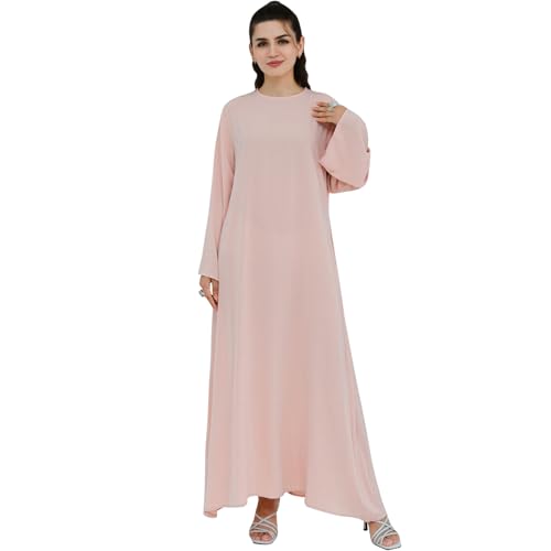 khalat Abaya-Kleid für muslimische Frauen Leichtes, glattes Gebetskleid mit Reißverschluss am Rücken Fließendes Maxi-Abaya-Kleid mit Gürtel Rosa