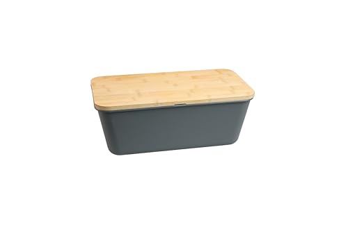 MOON HOME Brotkasten - Airlock Grey, mit vielseitigem Deckel aus Bambus/Holz als Brotschneidebrett, gefertigt aus PP-Kunststoff, verhindert Austrocknen, hält Brot länger frisch, 35.0x20.0x13.5cm