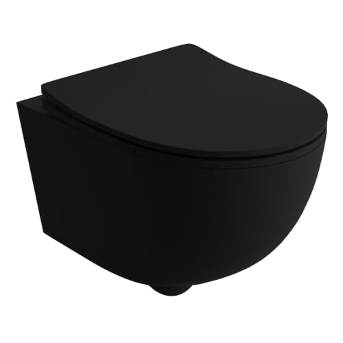 LAVITA Wand-WC Brava Black Hänge Toilette WC Sitz Toilettendeckel mit Absenkautomatik & Metallscharniere Toiletten Spülrandlos Hängend Toilettenbecken 360x480x375 mm Schwarz