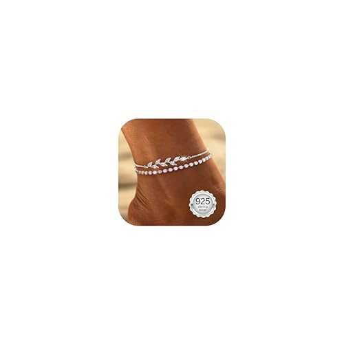 CASSIECA Fußkette Damen Silber 925, Fussketten für Frauen Einstellbar Geschichtet Perlen Blatt Wasserdicht Fußkettchen Damen Geschichtetes Herz Perlen Tennis Fußkettchen Fußschmuck Silber