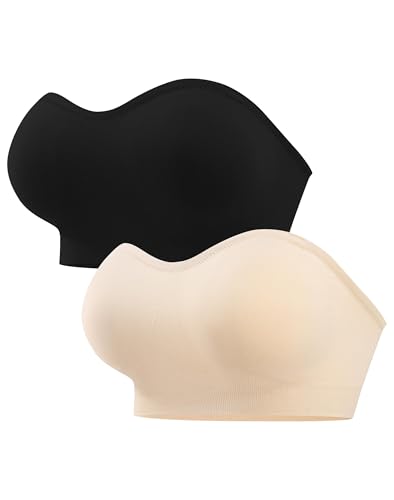 ANGOOL BH ohne Träger Damen - Trägerloser Push Up BH mit Anti-Rutsch Silikon, Unsichtbarer Bandeau Strapless BH ohne Bügel für Alltag Hochzeit Sommer, Schwarz+Beige, XL