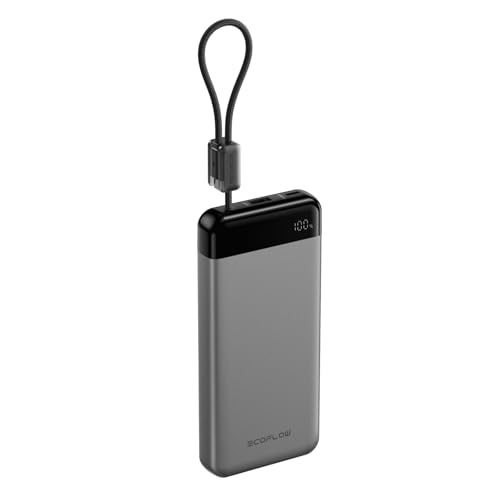 EcoFlow Rapid Powerbank 20000mAh, 45W PPS Schnellladen, mit integriertem ausziehbarem USB-C Kabel für unterwegs, X-Guard Sicherheitstechnologie, geeignet für iPhone, Galaxy, iPad, Laptop, Schwarz
