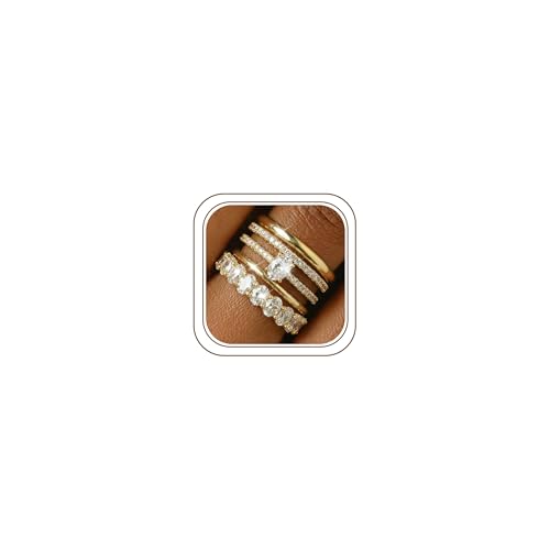 Diamday 5 Stück Gold Ringe Damen 14 Karat Vergoldete Wasserfes Goldene Ringe Set Zirkonia Daumenring Knuckle Finger Statement Verlobungs Versprechen Stapelbarer Damenring - Mit Schmuck Schatulle