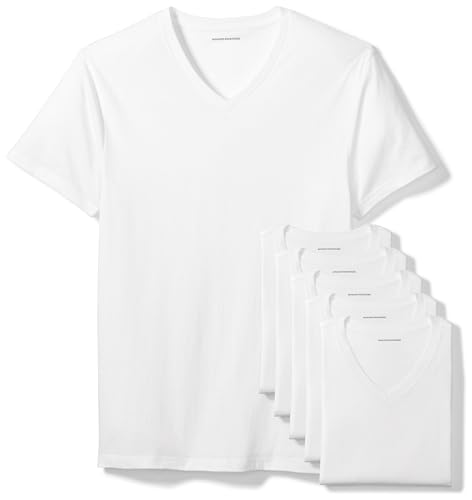 Amazon Essentials Unterhemden Herren mit V-Ausschnitt, Atmungsaktiv, Baumwolle, 6er-Pack, Weiß, L