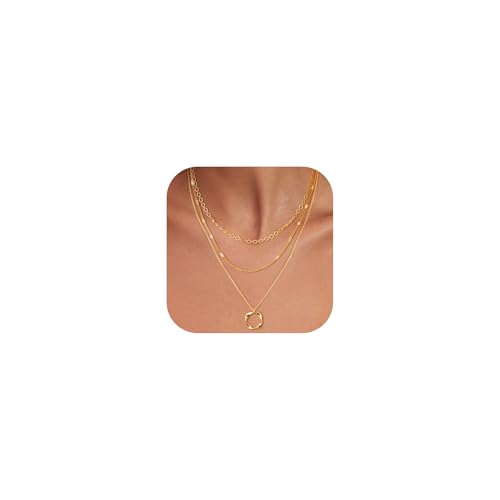 Tewiky Layering Halskette Damen - 14K Gold Vergoldet Trendige mit Kreis Anhänger, Wasserfest Schmuck Set Geschenke für Frauen Mädchen